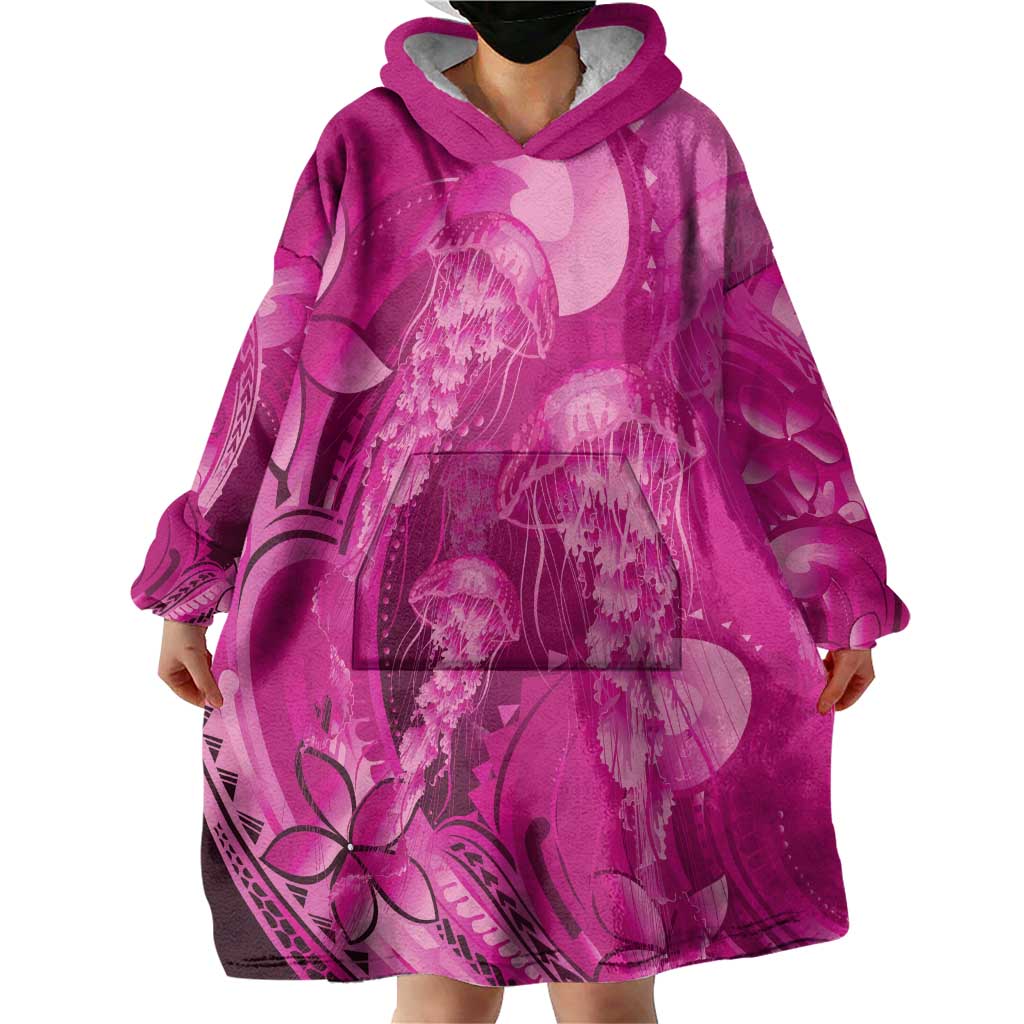 Pink Gradient Polynesia Jellyfish Wearable Blanket Hoodie Plumeria Polynesian Tattoo Glowing Vibes