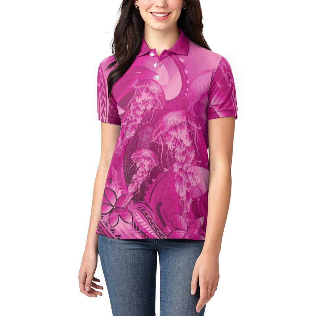 Pink Gradient Polynesia Jellyfish Women Polo Shirt Plumeria Polynesian Tattoo Glowing Vibes