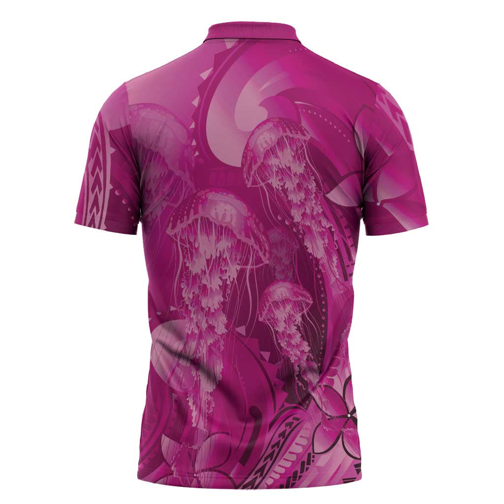 Pink Gradient Polynesia Jellyfish Zipper Polo Shirt Plumeria Polynesian Tattoo Glowing Vibes