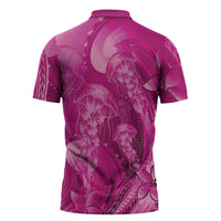 Pink Gradient Polynesia Jellyfish Zipper Polo Shirt Plumeria Polynesian Tattoo Glowing Vibes