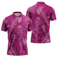 Pink Gradient Polynesia Jellyfish Zipper Polo Shirt Plumeria Polynesian Tattoo Glowing Vibes