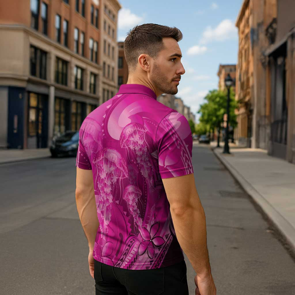 Pink Gradient Polynesia Jellyfish Zipper Polo Shirt Plumeria Polynesian Tattoo Glowing Vibes