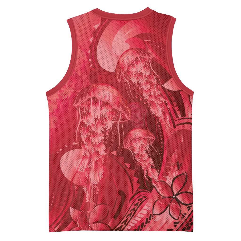 Red Gradient Polynesia Jellyfish Basketball Jersey Plumeria Polynesian Tattoo Glowing Vibes