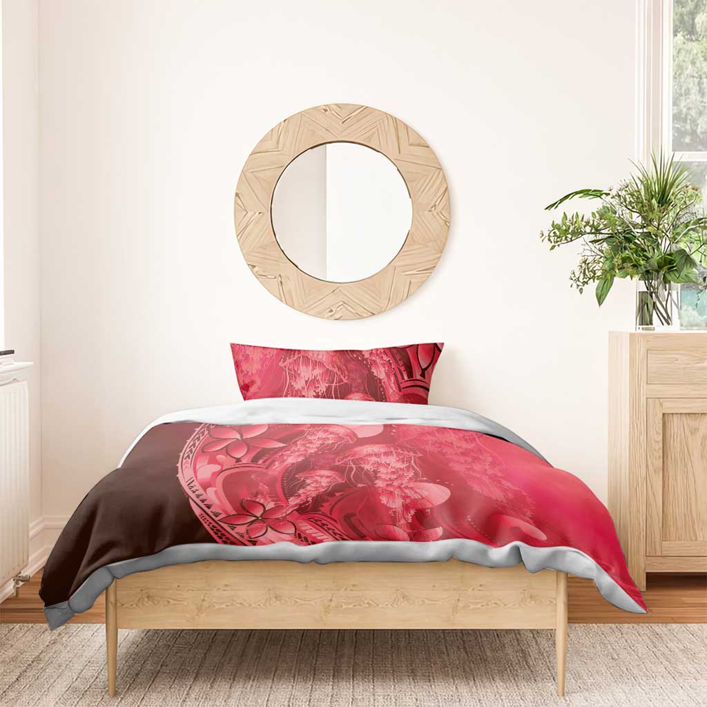 Red Gradient Polynesia Jellyfish Bedding Set Plumeria Polynesian Tattoo Glowing Vibes