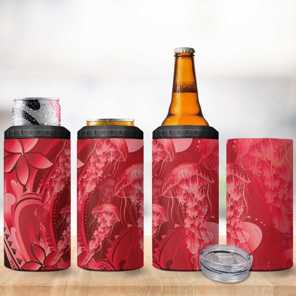 Red Gradient Polynesia Jellyfish 4 in 1 Can Cooler Tumbler Plumeria Polynesian Tattoo Glowing Vibes