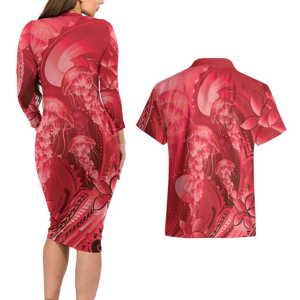 Red Gradient Polynesia Jellyfish Couples Matching Long Sleeve Bodycon Dress and Hawaiian Shirt Plumeria Polynesian Tattoo Glowing Vibes
