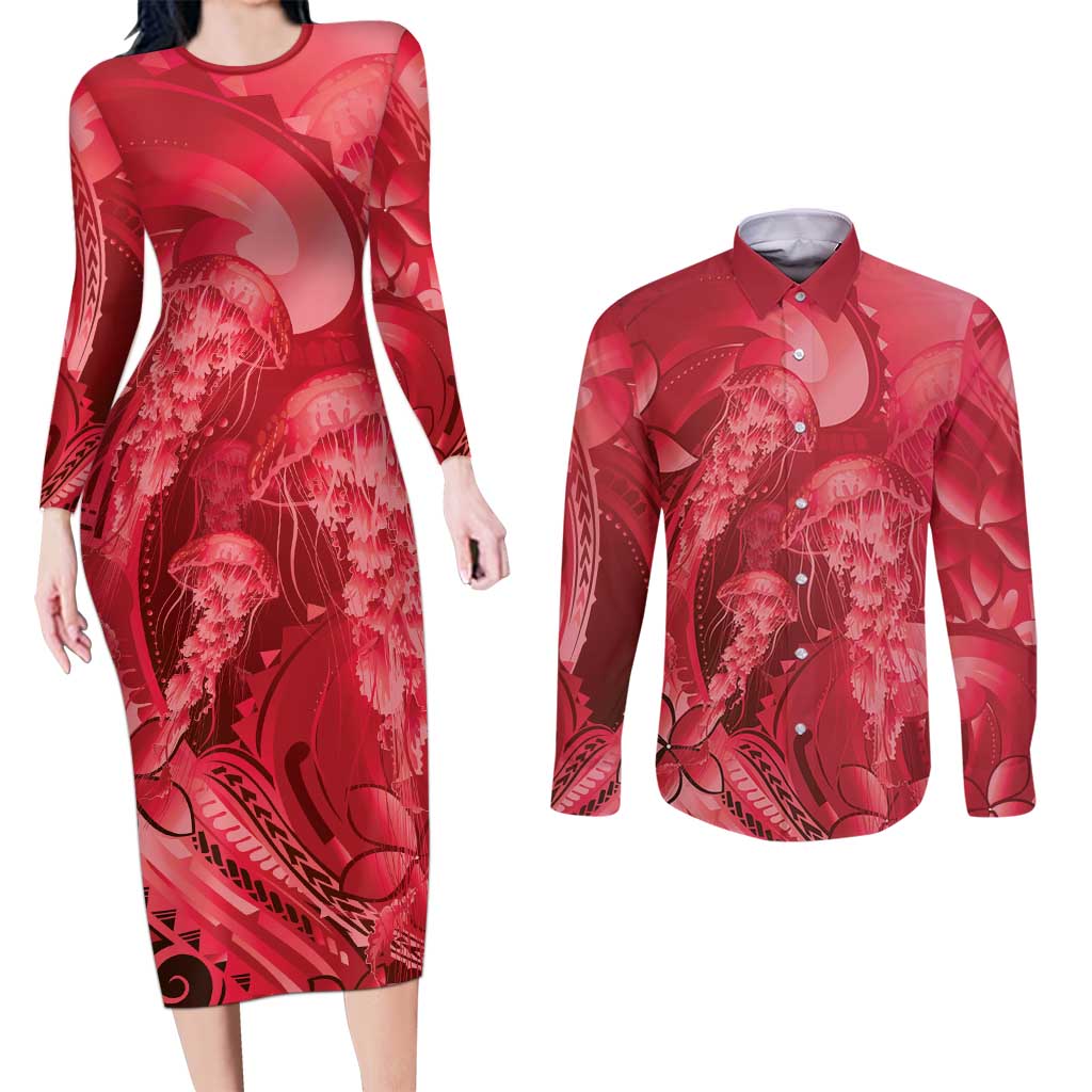 Red Gradient Polynesia Jellyfish Couples Matching Long Sleeve Bodycon Dress and Long Sleeve Button Shirt Plumeria Polynesian Tattoo Glowing Vibes