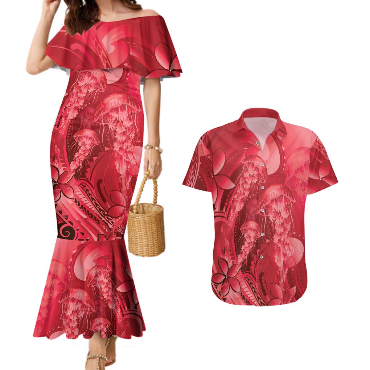 Red Gradient Polynesia Jellyfish Couples Matching Mermaid Dress and Hawaiian Shirt Plumeria Polynesian Tattoo Glowing Vibes