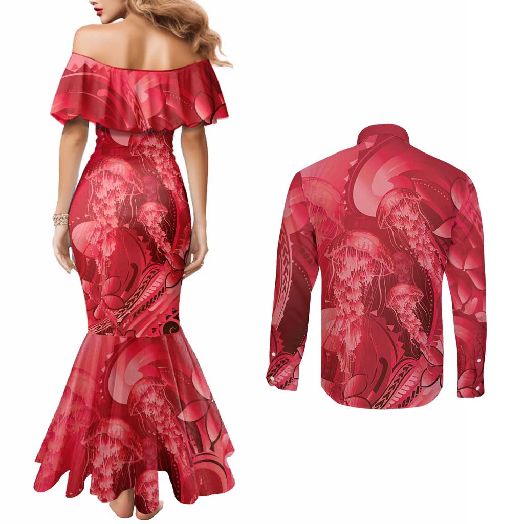 Red Gradient Polynesia Jellyfish Couples Matching Mermaid Dress and Long Sleeve Button Shirt Plumeria Polynesian Tattoo Glowing Vibes