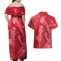 Red Gradient Polynesia Jellyfish Couples Matching Off Shoulder Maxi Dress and Hawaiian Shirt Plumeria Polynesian Tattoo Glowing Vibes