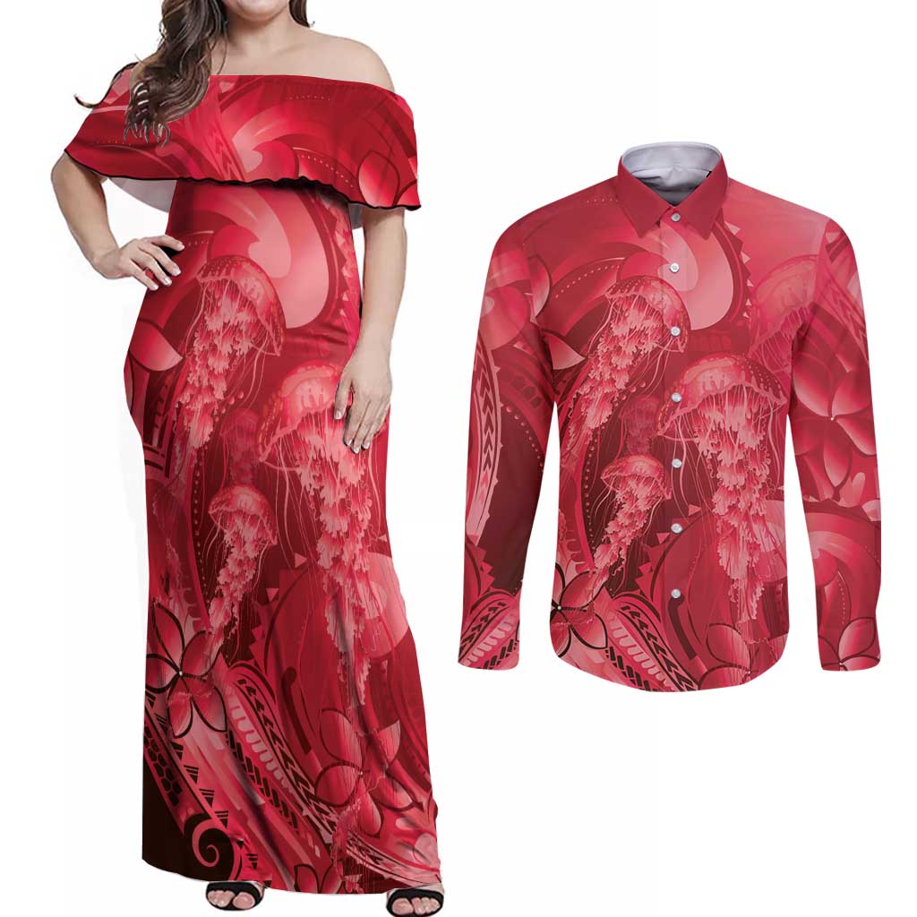 Red Gradient Polynesia Jellyfish Couples Matching Off Shoulder Maxi Dress and Long Sleeve Button Shirt Plumeria Polynesian Tattoo Glowing Vibes LT14 Red - Polynesian Pride