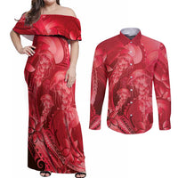 Red Gradient Polynesia Jellyfish Couples Matching Off Shoulder Maxi Dress and Long Sleeve Button Shirt Plumeria Polynesian Tattoo Glowing Vibes LT14 Red - Polynesian Pride