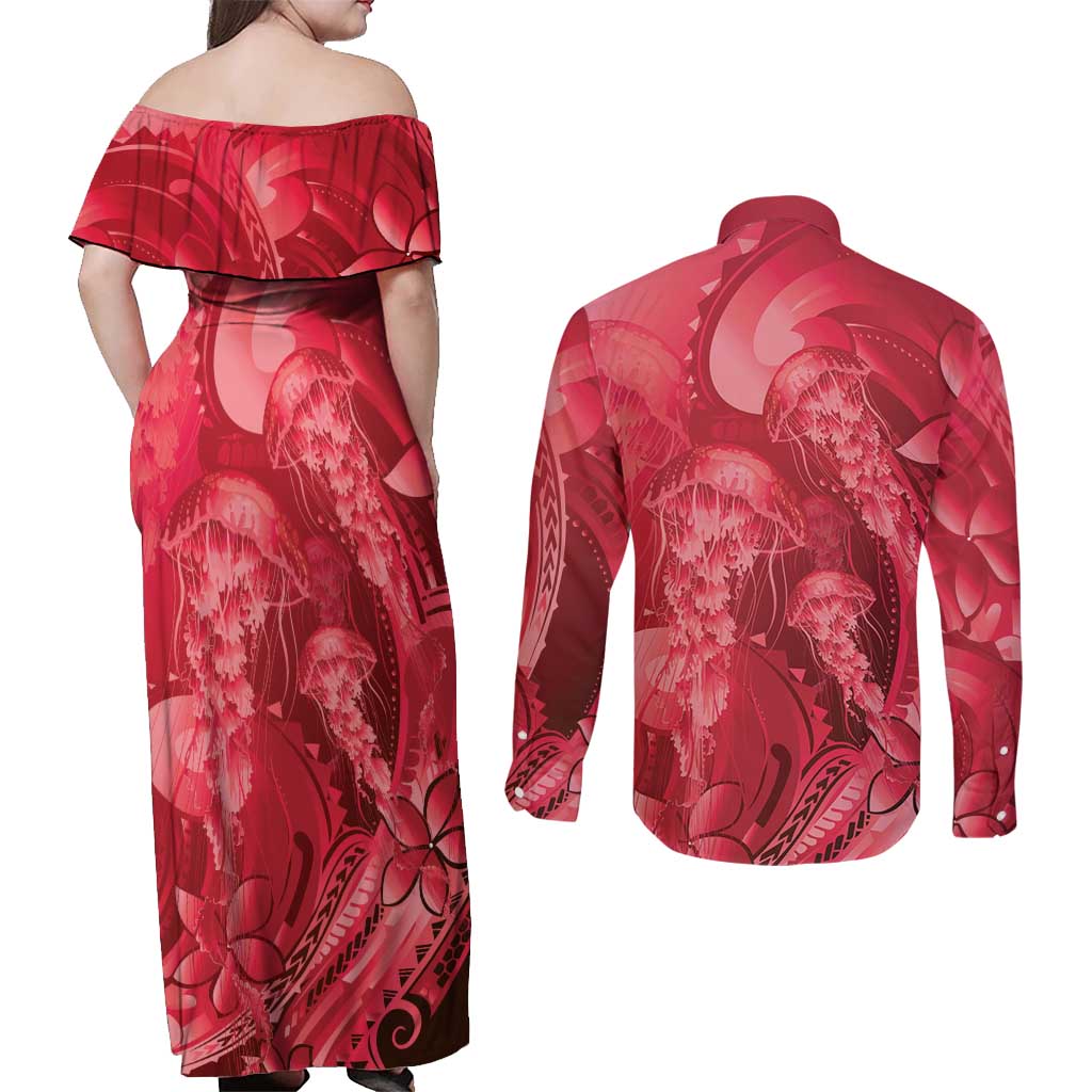 Red Gradient Polynesia Jellyfish Couples Matching Off Shoulder Maxi Dress and Long Sleeve Button Shirt Plumeria Polynesian Tattoo Glowing Vibes LT14 - Polynesian Pride