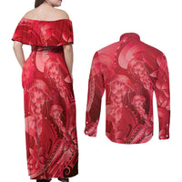 Red Gradient Polynesia Jellyfish Couples Matching Off Shoulder Maxi Dress and Long Sleeve Button Shirt Plumeria Polynesian Tattoo Glowing Vibes LT14 - Polynesian Pride
