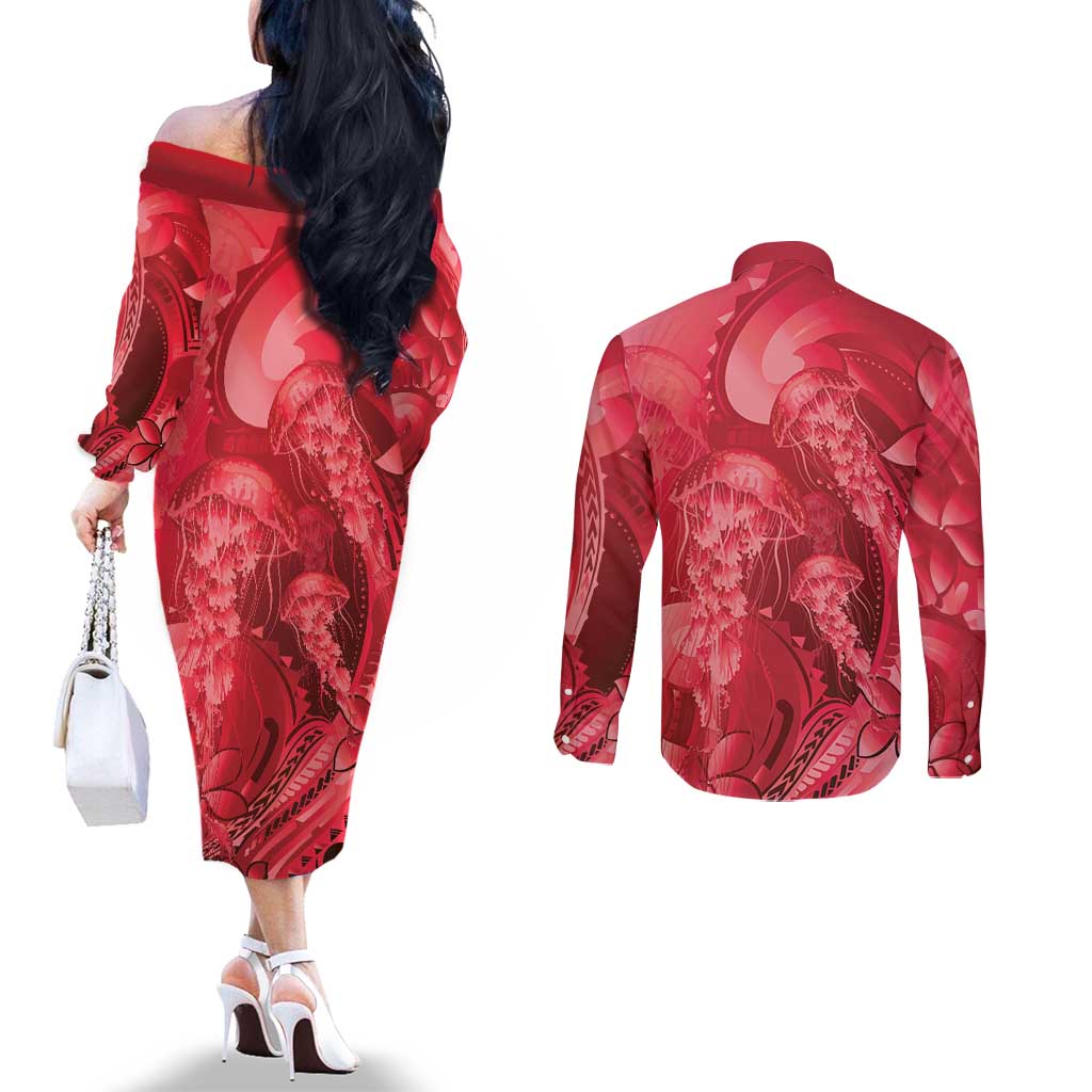 Red Gradient Polynesia Jellyfish Couples Matching Off The Shoulder Long Sleeve Dress and Long Sleeve Button Shirt Plumeria Polynesian Tattoo Glowing Vibes