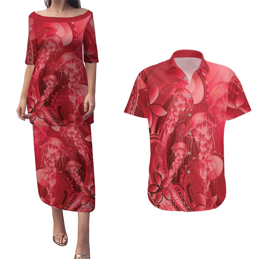 Red Gradient Polynesia Jellyfish Couples Matching Puletasi and Hawaiian Shirt Plumeria Polynesian Tattoo Glowing Vibes LT14 Red - Polynesian Pride