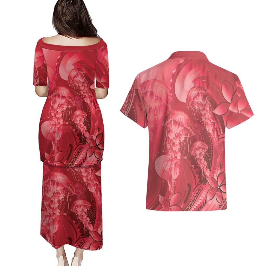 Red Gradient Polynesia Jellyfish Couples Matching Puletasi and Hawaiian Shirt Plumeria Polynesian Tattoo Glowing Vibes LT14 - Polynesian Pride