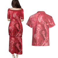 Red Gradient Polynesia Jellyfish Couples Matching Puletasi and Hawaiian Shirt Plumeria Polynesian Tattoo Glowing Vibes LT14 - Polynesian Pride