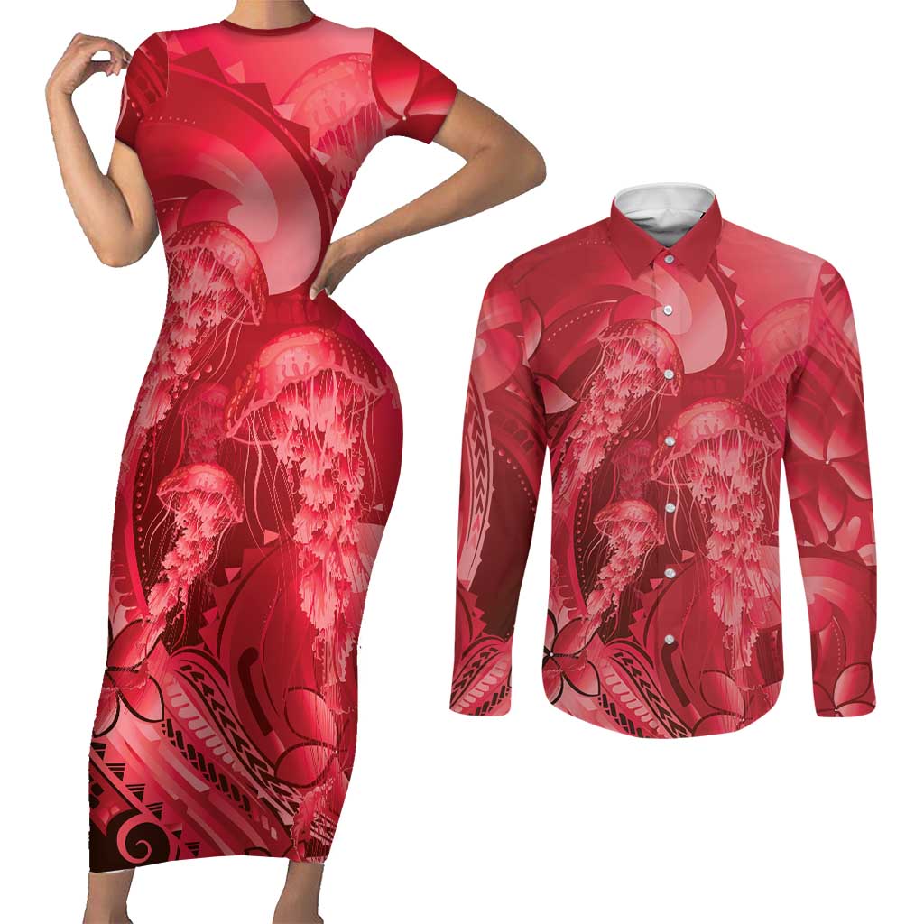 Red Gradient Polynesia Jellyfish Couples Matching Short Sleeve Bodycon Dress and Long Sleeve Button Shirt Plumeria Polynesian Tattoo Glowing Vibes