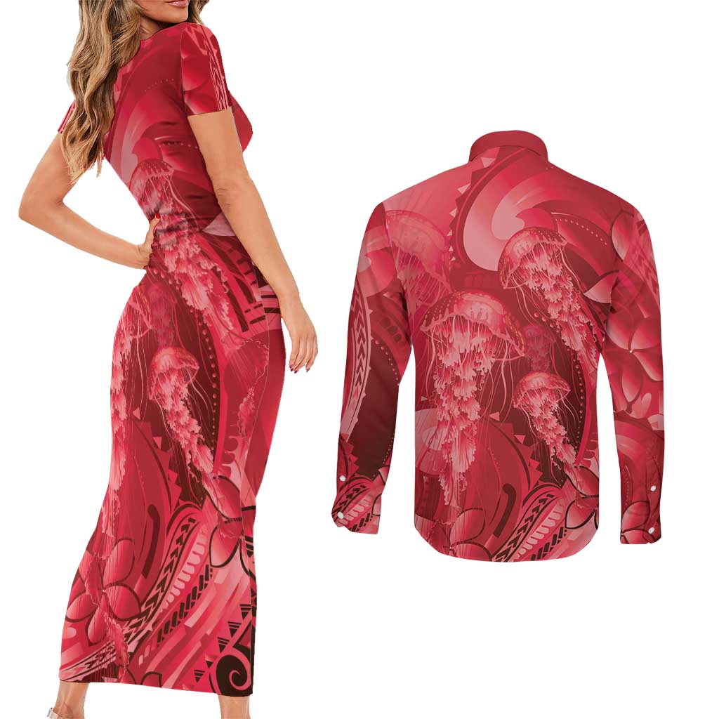 Red Gradient Polynesia Jellyfish Couples Matching Short Sleeve Bodycon Dress and Long Sleeve Button Shirt Plumeria Polynesian Tattoo Glowing Vibes