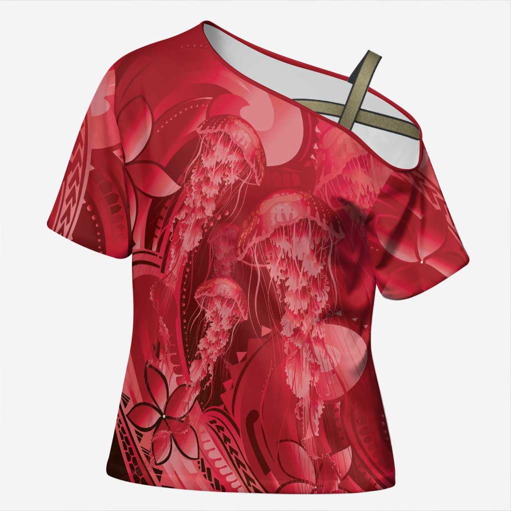 Red Gradient Polynesia Jellyfish Cross Shoulder Shirt Plumeria Polynesian Tattoo Glowing Vibes LT14 Female Red - Polynesian Pride
