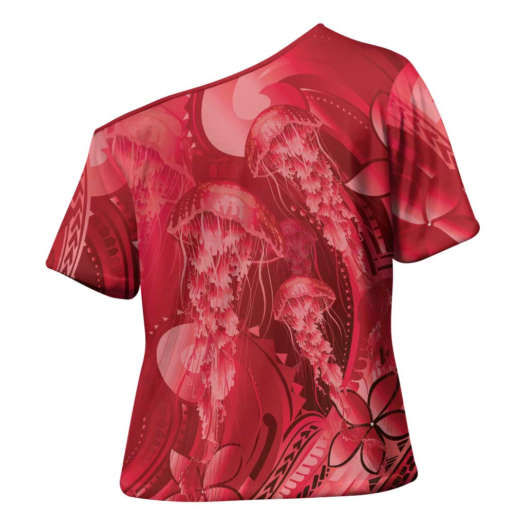 Red Gradient Polynesia Jellyfish Cross Shoulder Shirt Plumeria Polynesian Tattoo Glowing Vibes LT14 - Polynesian Pride