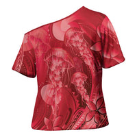 Red Gradient Polynesia Jellyfish Cross Shoulder Shirt Plumeria Polynesian Tattoo Glowing Vibes LT14 - Polynesian Pride