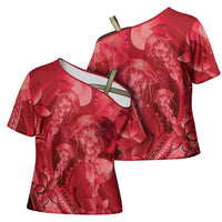 Red Gradient Polynesia Jellyfish Cross Shoulder Shirt Plumeria Polynesian Tattoo Glowing Vibes LT14 - Polynesian Pride