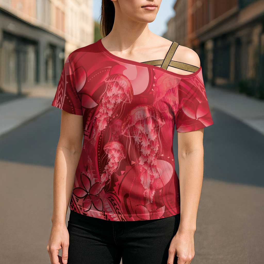 Red Gradient Polynesia Jellyfish Cross Shoulder Shirt Plumeria Polynesian Tattoo Glowing Vibes LT14 - Polynesian Pride