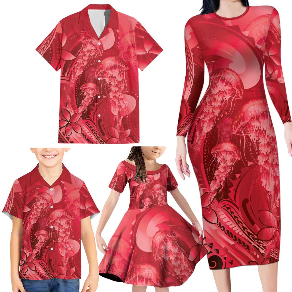 Red Gradient Polynesia Jellyfish Family Matching Long Sleeve Bodycon Dress and Hawaiian Shirt Plumeria Polynesian Tattoo Glowing Vibes