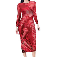 Red Gradient Polynesia Jellyfish Family Matching Long Sleeve Bodycon Dress and Hawaiian Shirt Plumeria Polynesian Tattoo Glowing Vibes