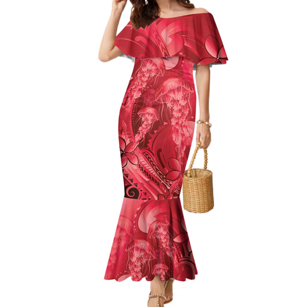 Red Gradient Polynesia Jellyfish Family Matching Mermaid Dress and Hawaiian Shirt Plumeria Polynesian Tattoo Glowing Vibes
