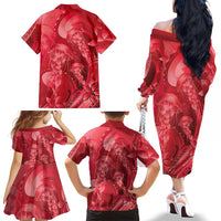Red Gradient Polynesia Jellyfish Family Matching Off The Shoulder Long Sleeve Dress and Hawaiian Shirt Plumeria Polynesian Tattoo Glowing Vibes