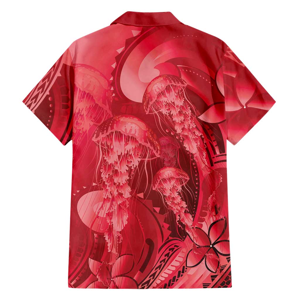 Red Gradient Polynesia Jellyfish Family Matching Off The Shoulder Long Sleeve Dress and Hawaiian Shirt Plumeria Polynesian Tattoo Glowing Vibes