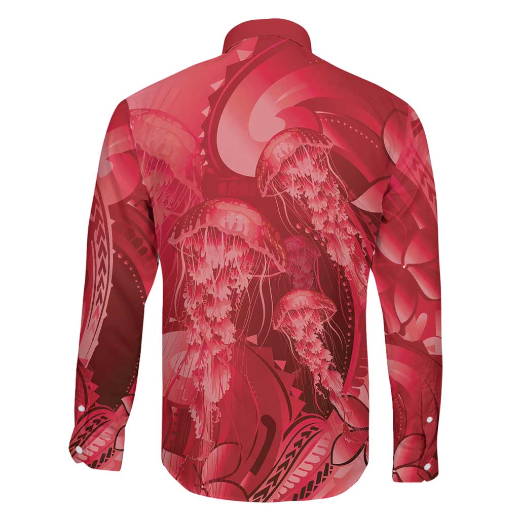 Red Gradient Polynesia Jellyfish Family Matching Off The Shoulder Long Sleeve Dress and Hawaiian Shirt Plumeria Polynesian Tattoo Glowing Vibes