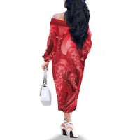 Red Gradient Polynesia Jellyfish Family Matching Off The Shoulder Long Sleeve Dress and Hawaiian Shirt Plumeria Polynesian Tattoo Glowing Vibes