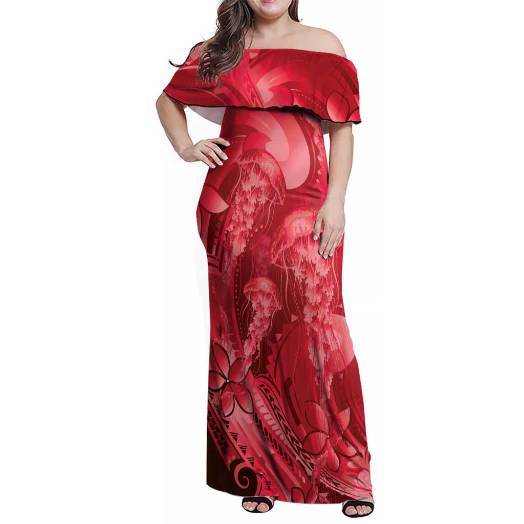 Red Gradient Polynesia Jellyfish Family Matching Off Shoulder Maxi Dress and Hawaiian Shirt Plumeria Polynesian Tattoo Glowing Vibes