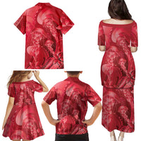 Red Gradient Polynesia Jellyfish Family Matching Puletasi and Hawaiian Shirt Plumeria Polynesian Tattoo Glowing Vibes
