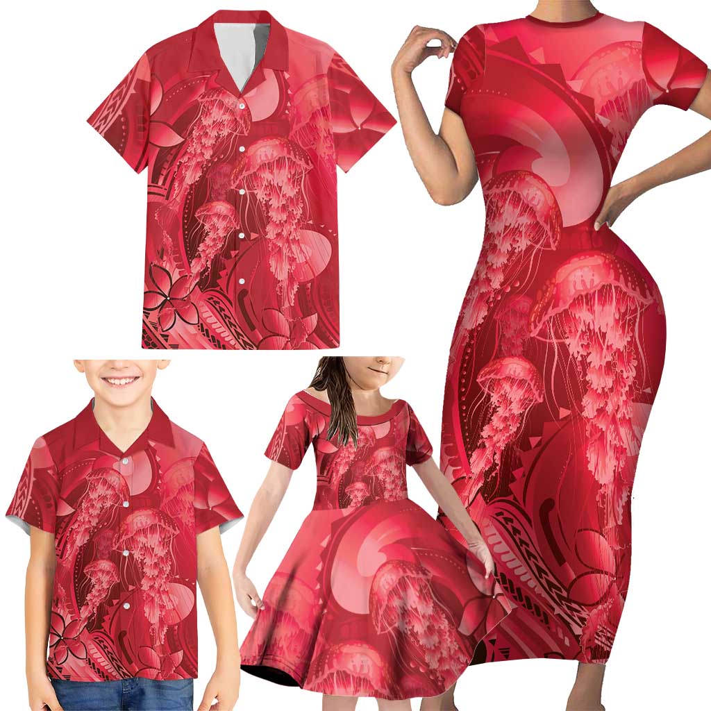 Red Gradient Polynesia Jellyfish Family Matching Short Sleeve Bodycon Dress and Hawaiian Shirt Plumeria Polynesian Tattoo Glowing Vibes