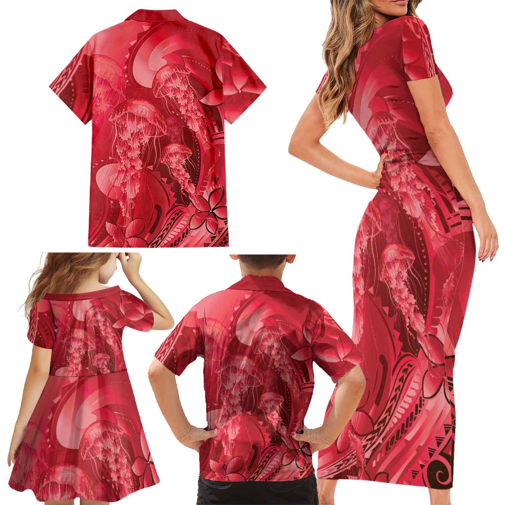 Red Gradient Polynesia Jellyfish Family Matching Short Sleeve Bodycon Dress and Hawaiian Shirt Plumeria Polynesian Tattoo Glowing Vibes