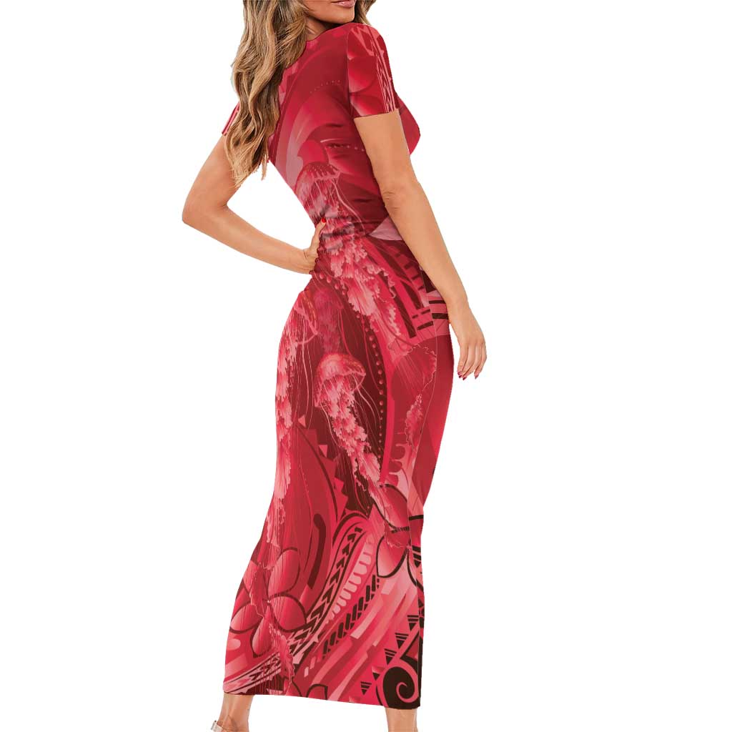 Red Gradient Polynesia Jellyfish Family Matching Short Sleeve Bodycon Dress and Hawaiian Shirt Plumeria Polynesian Tattoo Glowing Vibes