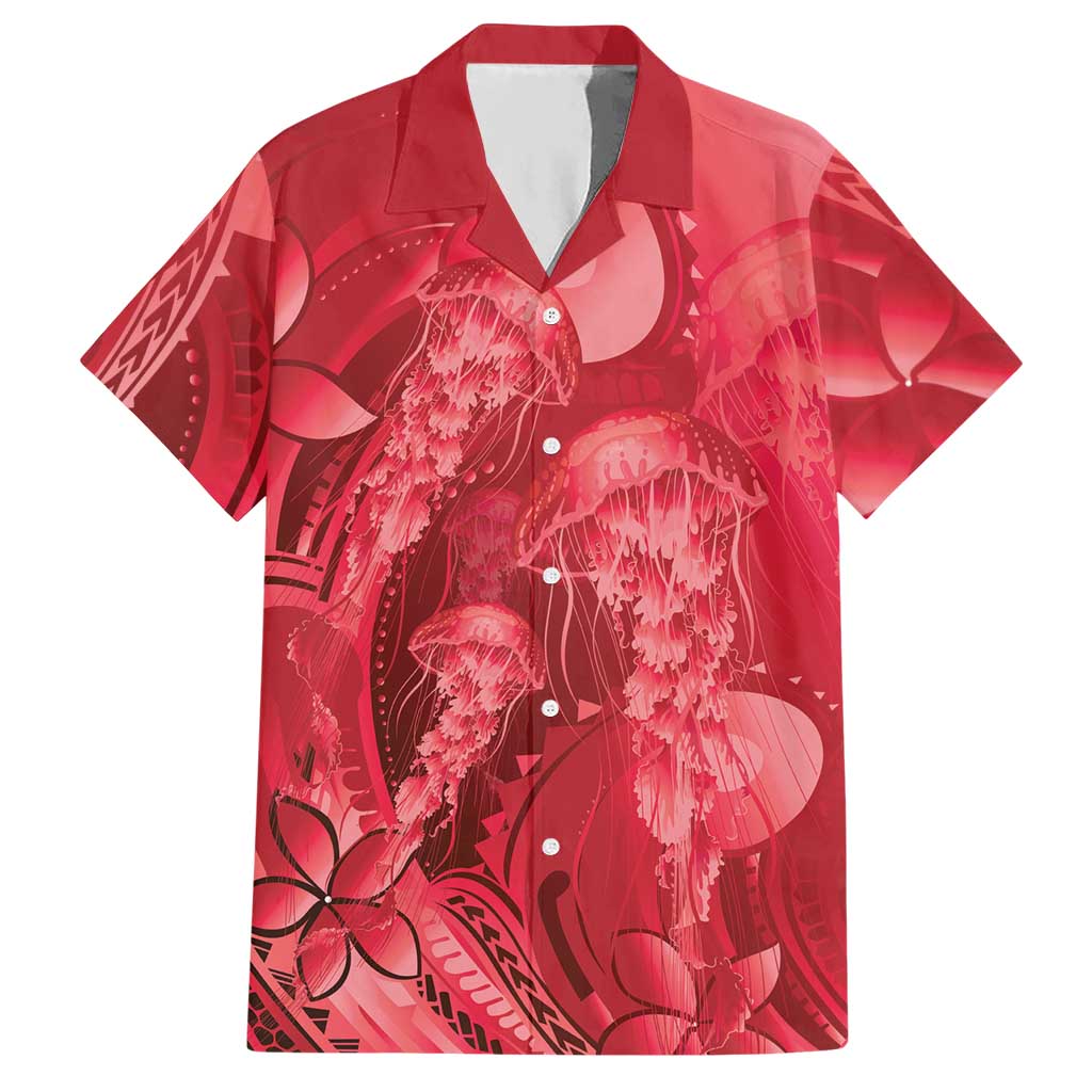 Red Gradient Polynesia Jellyfish Hawaiian Shirt Plumeria Polynesian Tattoo Glowing Vibes