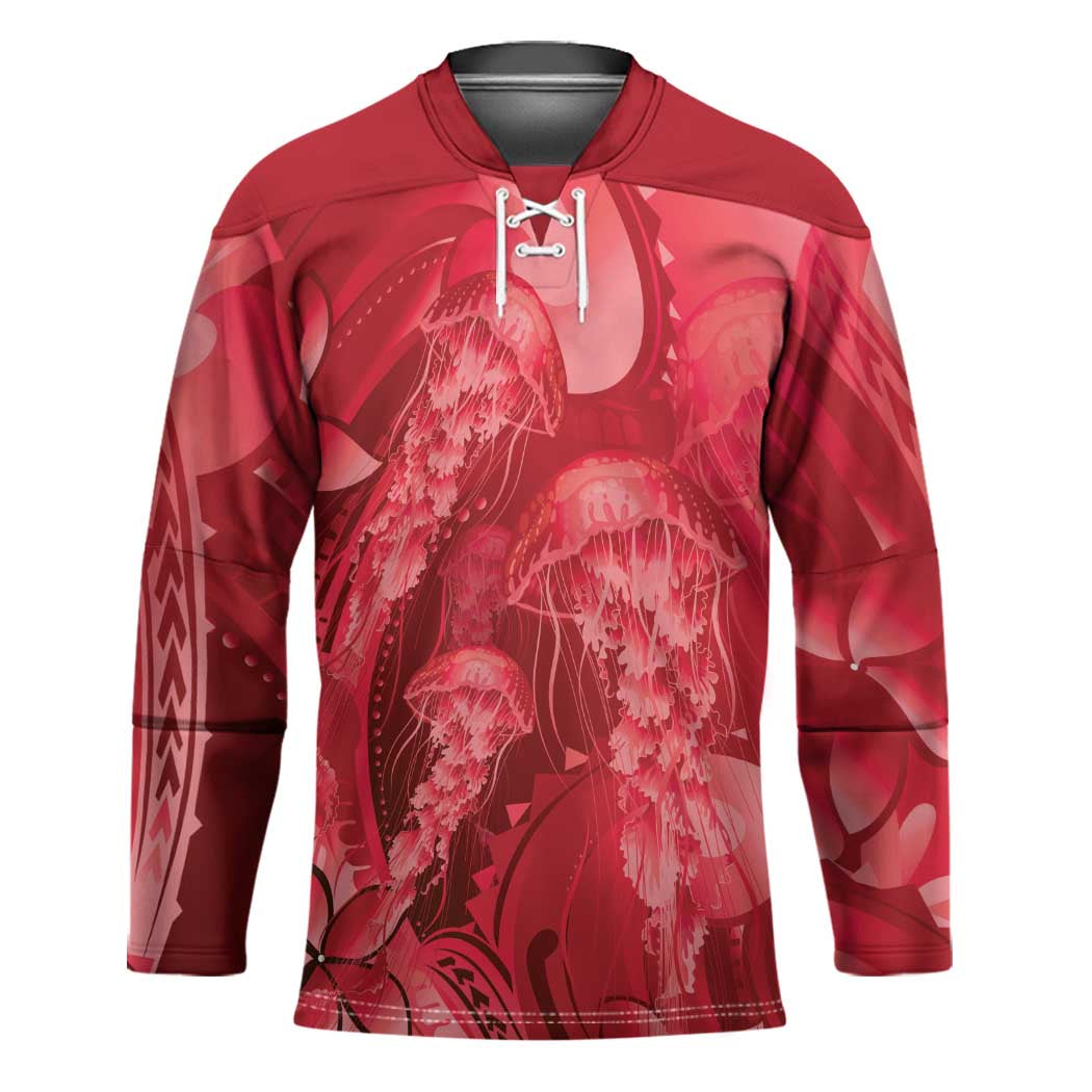 Red Gradient Polynesia Jellyfish Hockey Jersey Plumeria Polynesian Tattoo Glowing Vibes LT14 Unisex Red - Polynesian Pride
