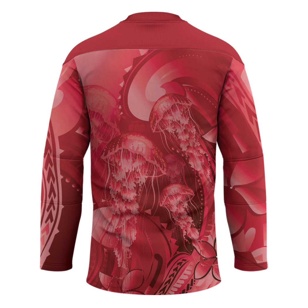 Red Gradient Polynesia Jellyfish Hockey Jersey Plumeria Polynesian Tattoo Glowing Vibes LT14 - Polynesian Pride