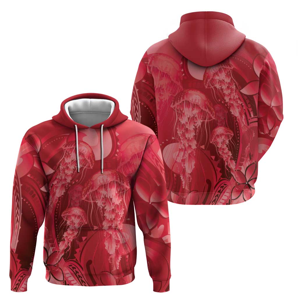 Red Gradient Polynesia Jellyfish Hoodie Plumeria Polynesian Tattoo Glowing Vibes