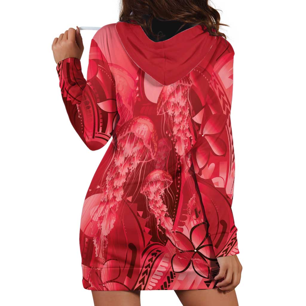 Red Gradient Polynesia Jellyfish Hoodie Dress Plumeria Polynesian Tattoo Glowing Vibes