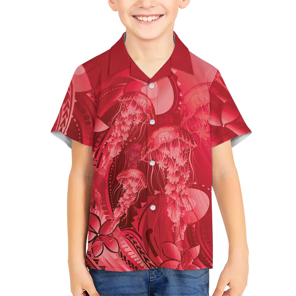 Red Gradient Polynesia Jellyfish Kid Hawaiian Shirt Plumeria Polynesian Tattoo Glowing Vibes