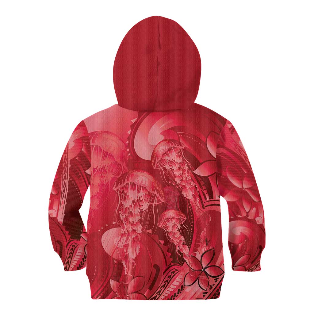 Red Gradient Polynesia Jellyfish Kid Hoodie Plumeria Polynesian Tattoo Glowing Vibes