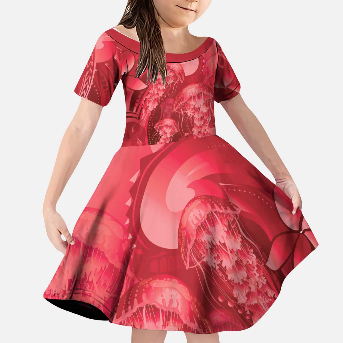 Red Gradient Polynesia Jellyfish Kid Short Sleeve Dress Plumeria Polynesian Tattoo Glowing Vibes LT14 KID Red - Polynesian Pride