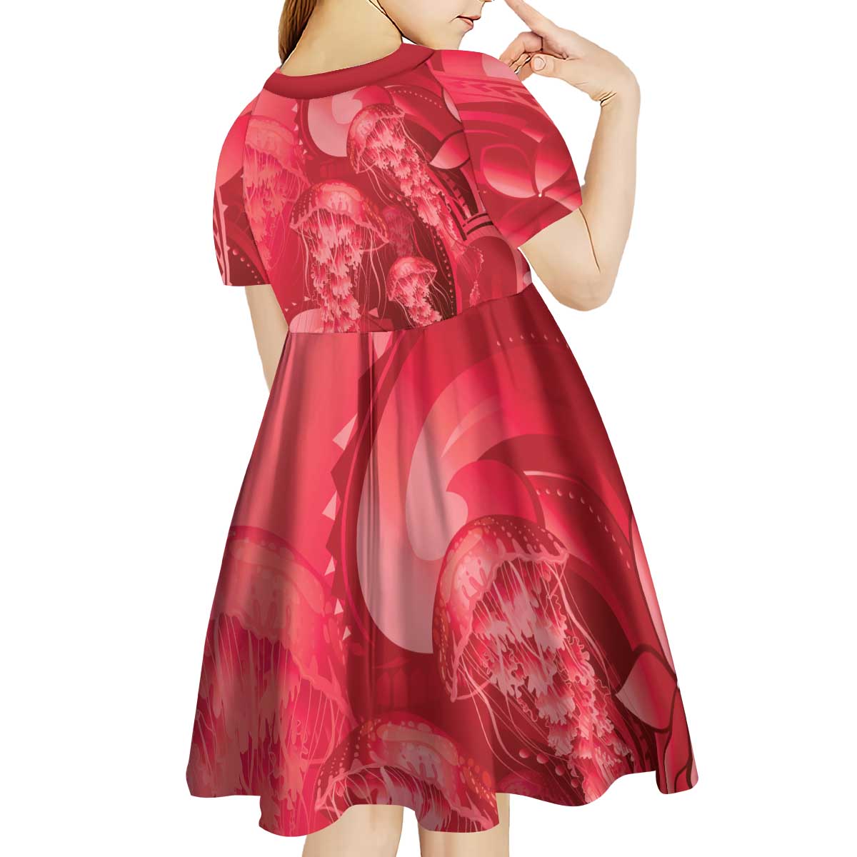 Red Gradient Polynesia Jellyfish Kid Short Sleeve Dress Plumeria Polynesian Tattoo Glowing Vibes LT14 - Polynesian Pride